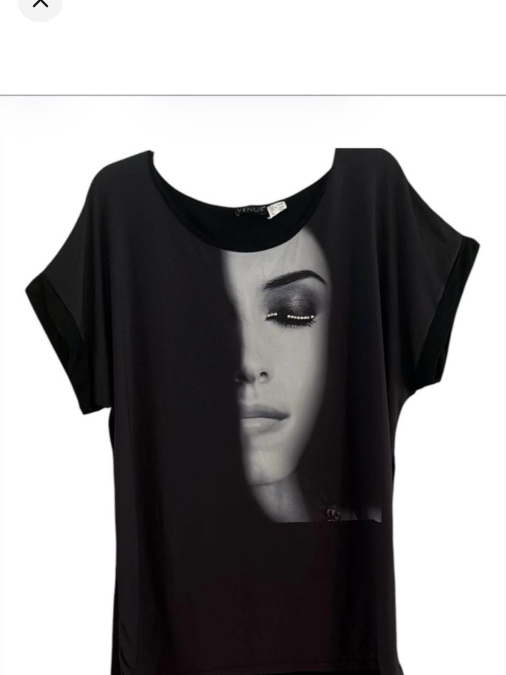 VENUS Black Silver Graphic Face T-Shirt Rhinestone Eyelashes Velvet Trim Size L